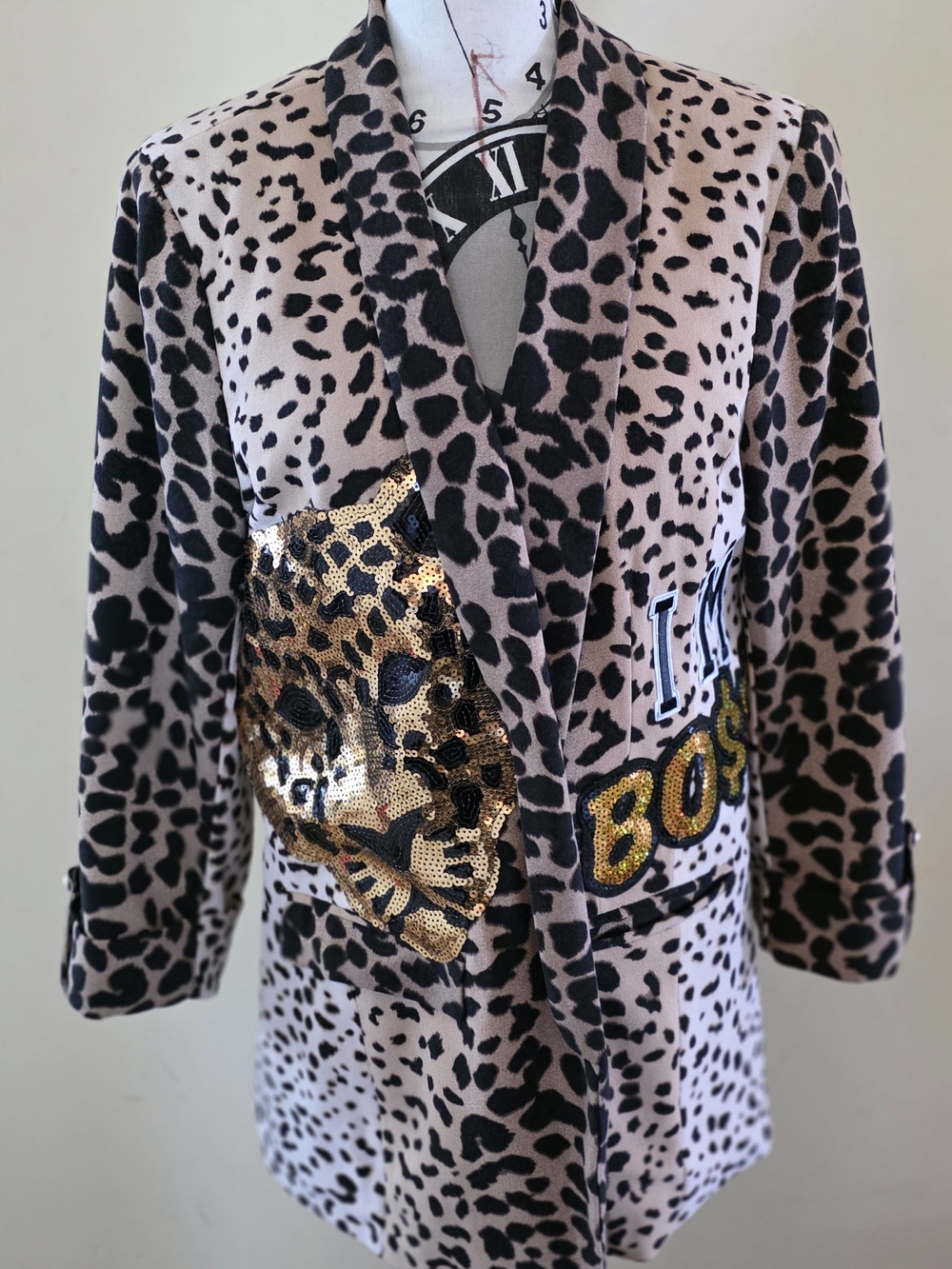 Womens Leopard Print Sequin Jacket - Pink/Black